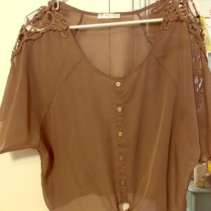 Sheer top ties in front lace cutout shoulders